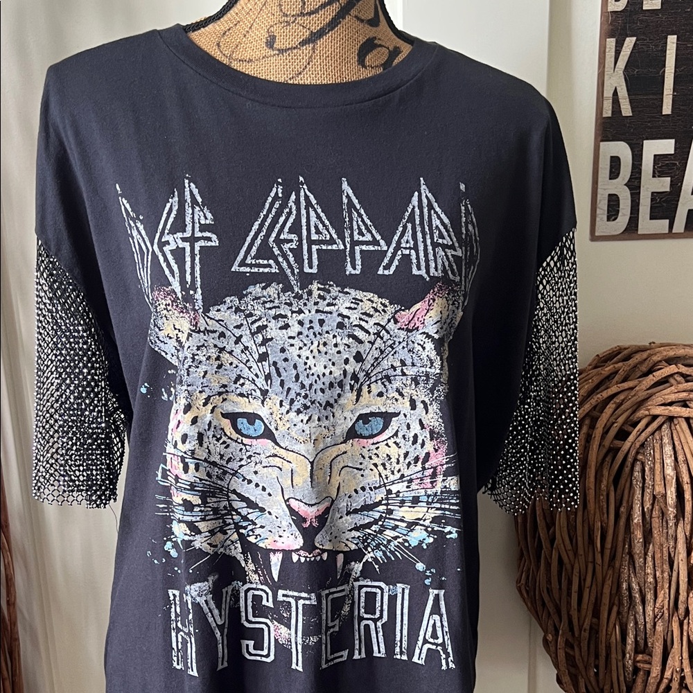 Def Leppard Black Graphic Tee With Rhinestone Mesh Sleeves - Picture 2 of 5